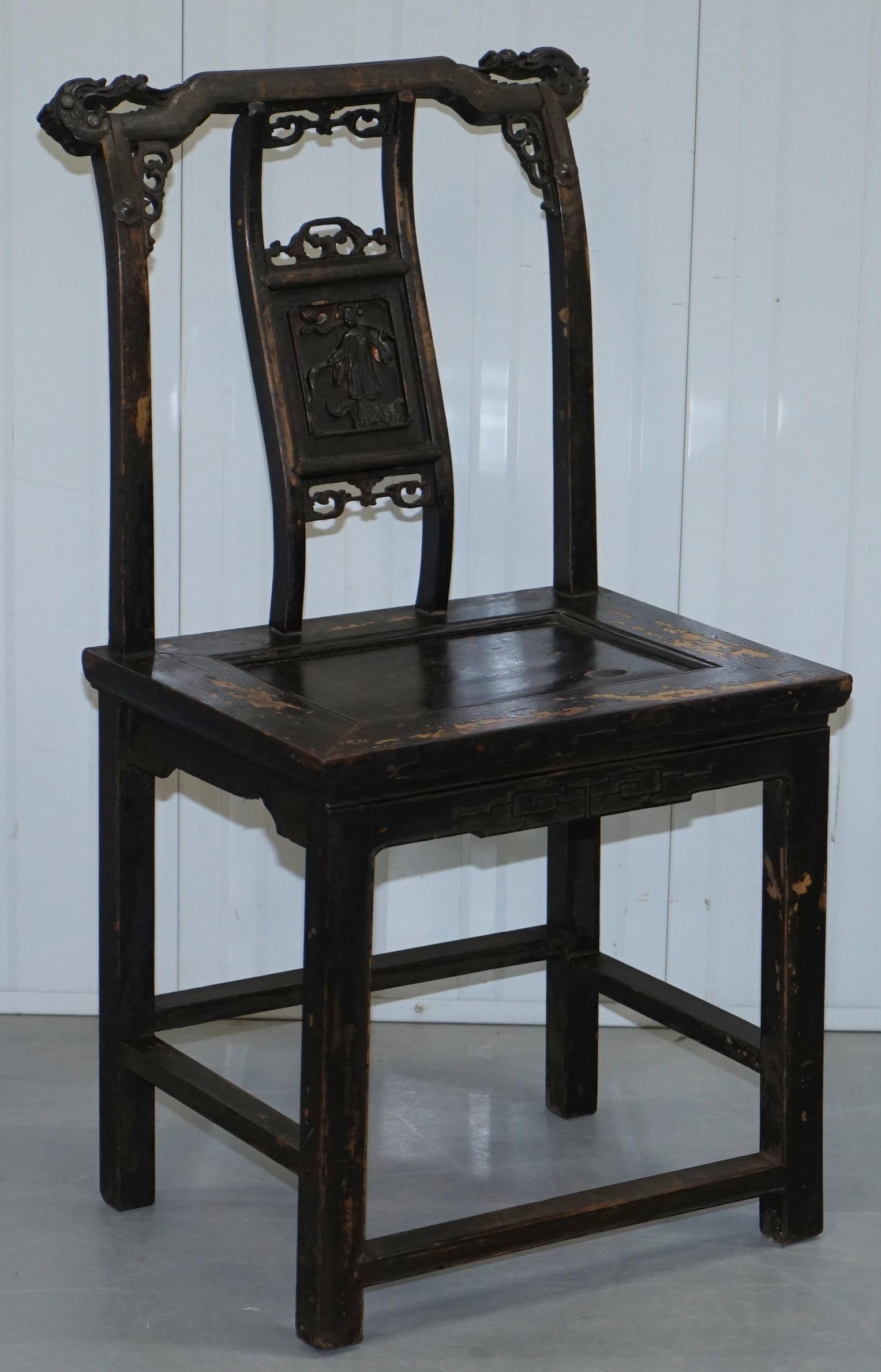 We are delighted to offer for auction this lovely set of original Qing dynasty hardwood carved barn find oriental Throne chairs with original ebonized distressed paint.

These chairs are very rare, original circa 1880, the distressing to the