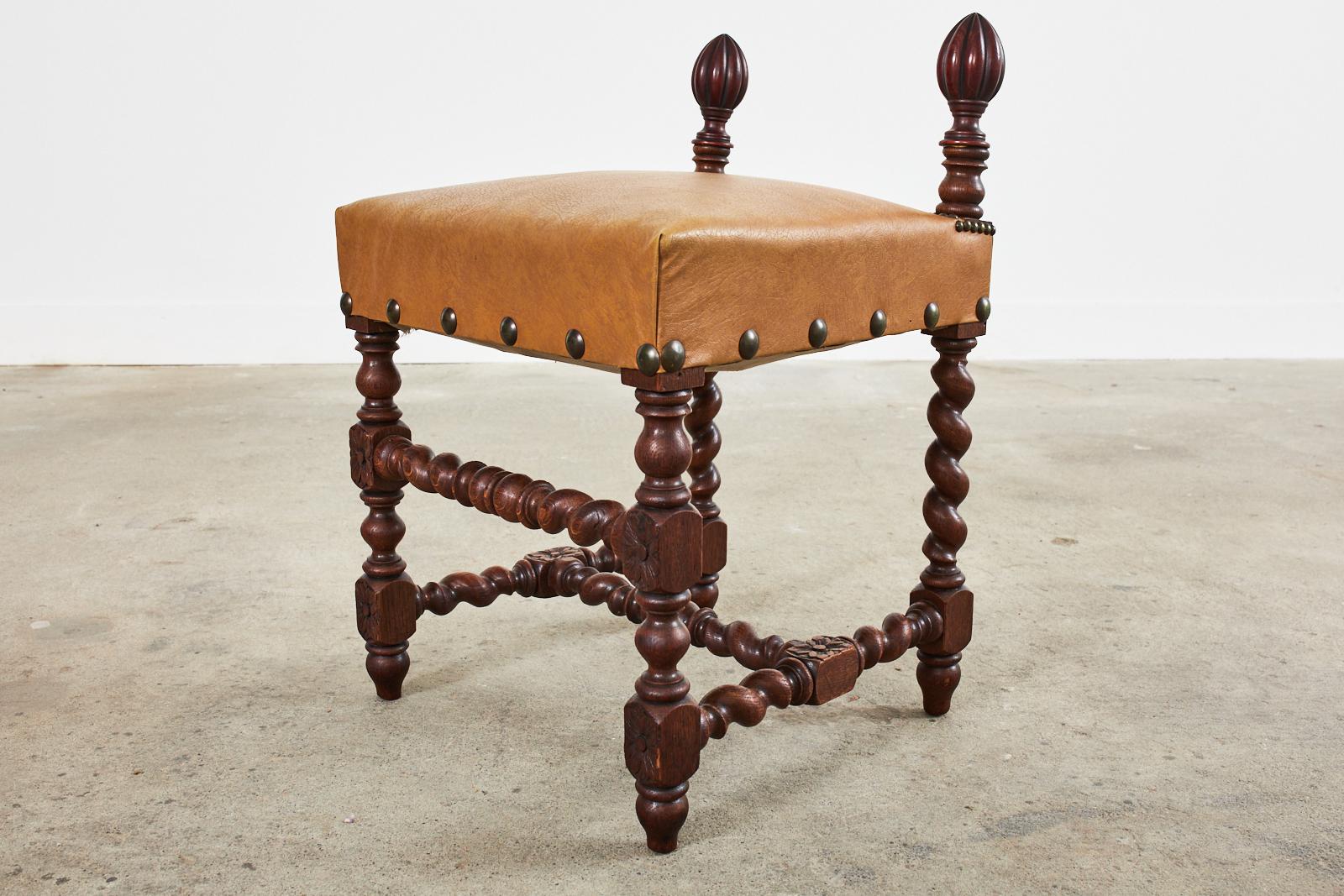 Set of Six Baroque Style Oak Barley Twist Dining Stools For Sale 4