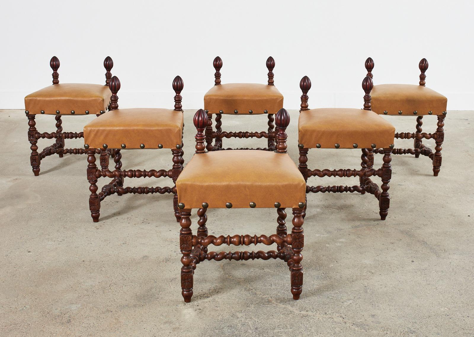 Set of Six Baroque Style Oak Barley Twist Dining Stools For Sale 9