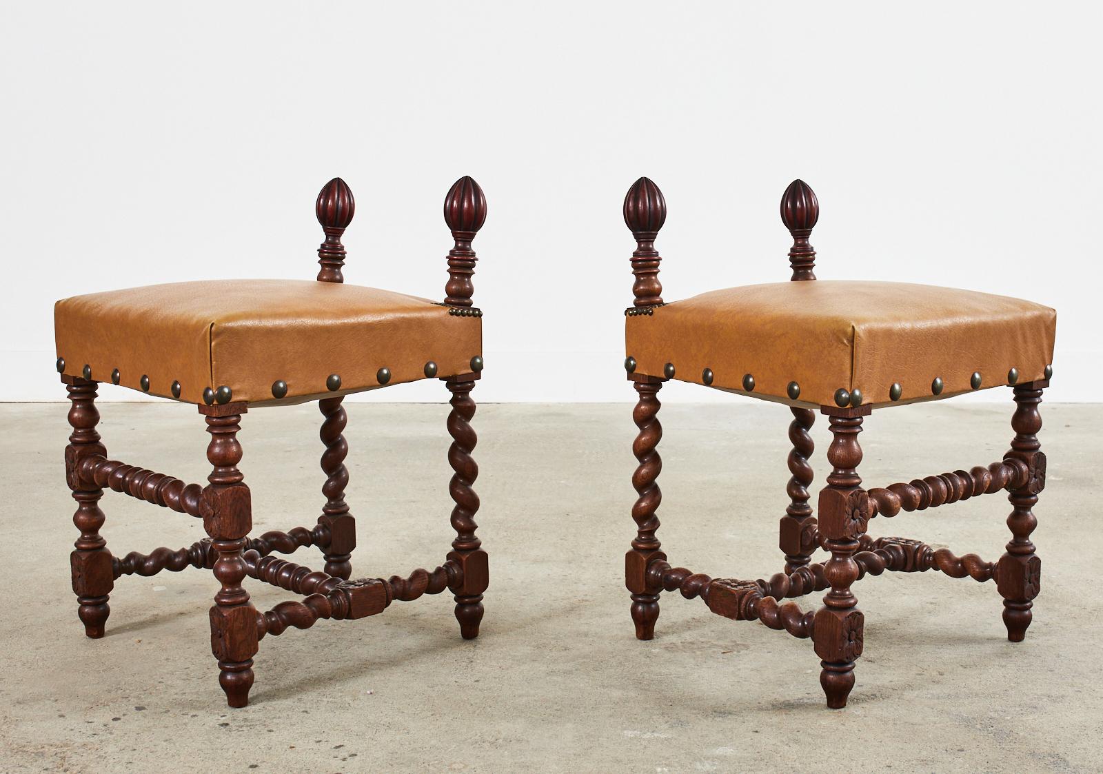 19th Century Set of Six Baroque Style Oak Barley Twist Dining Stools For Sale