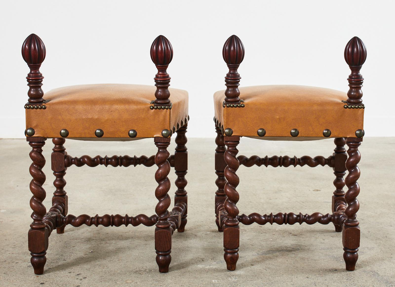 Set of Six Baroque Style Oak Barley Twist Dining Stools For Sale 1