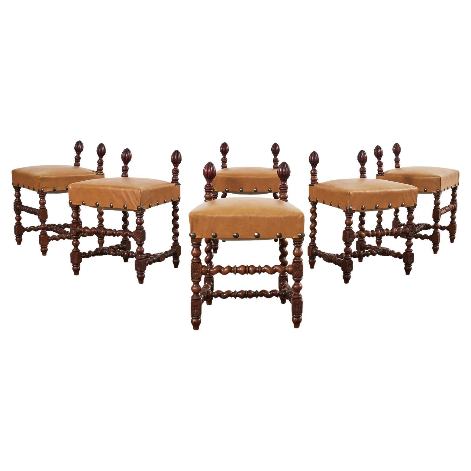 Set of Six Baroque Style Oak Barley Twist Dining Stools For Sale