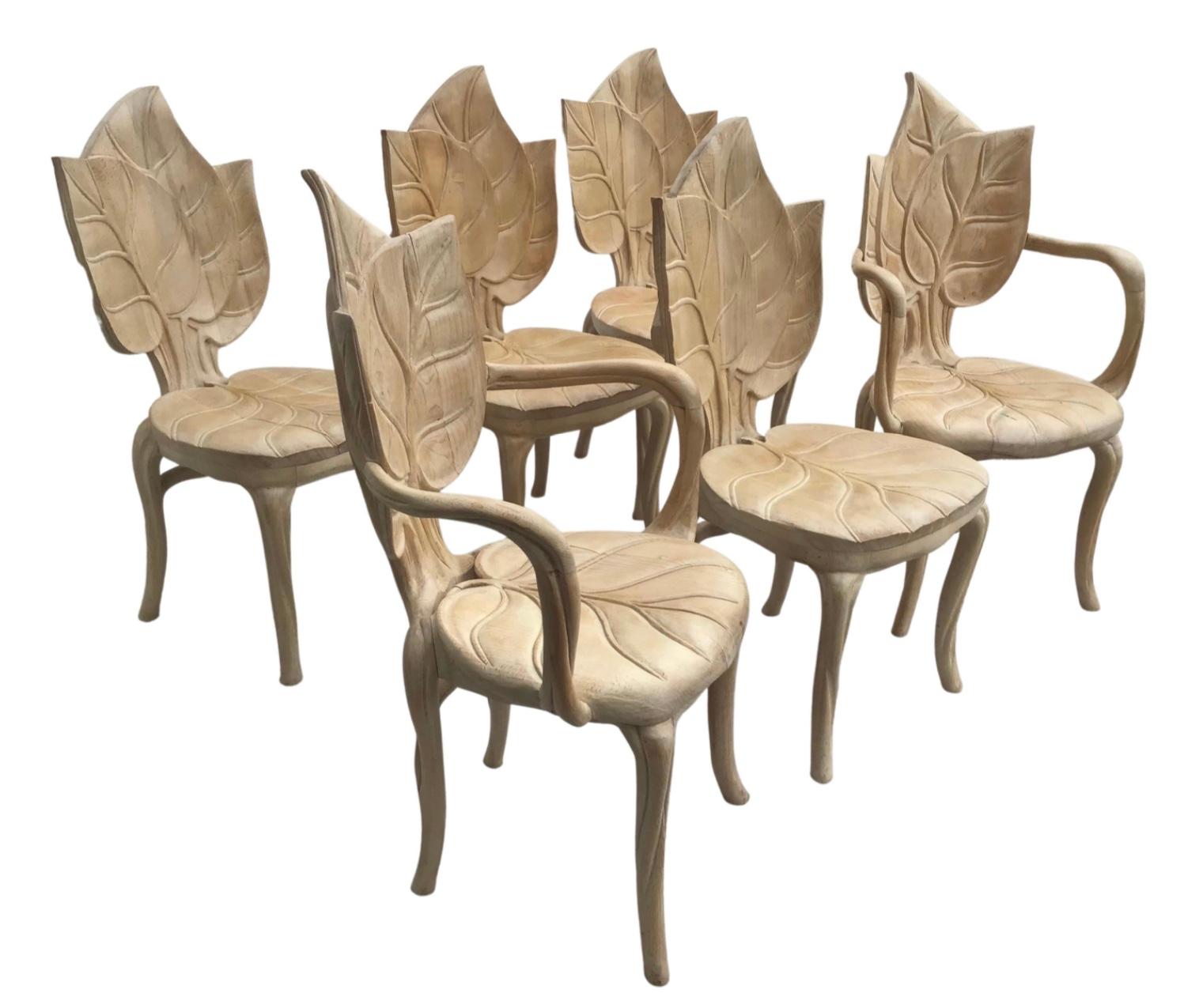 Organic Modern Set Of Six Bartolozzi & Maioli Carved Wooden Leaf Chairs