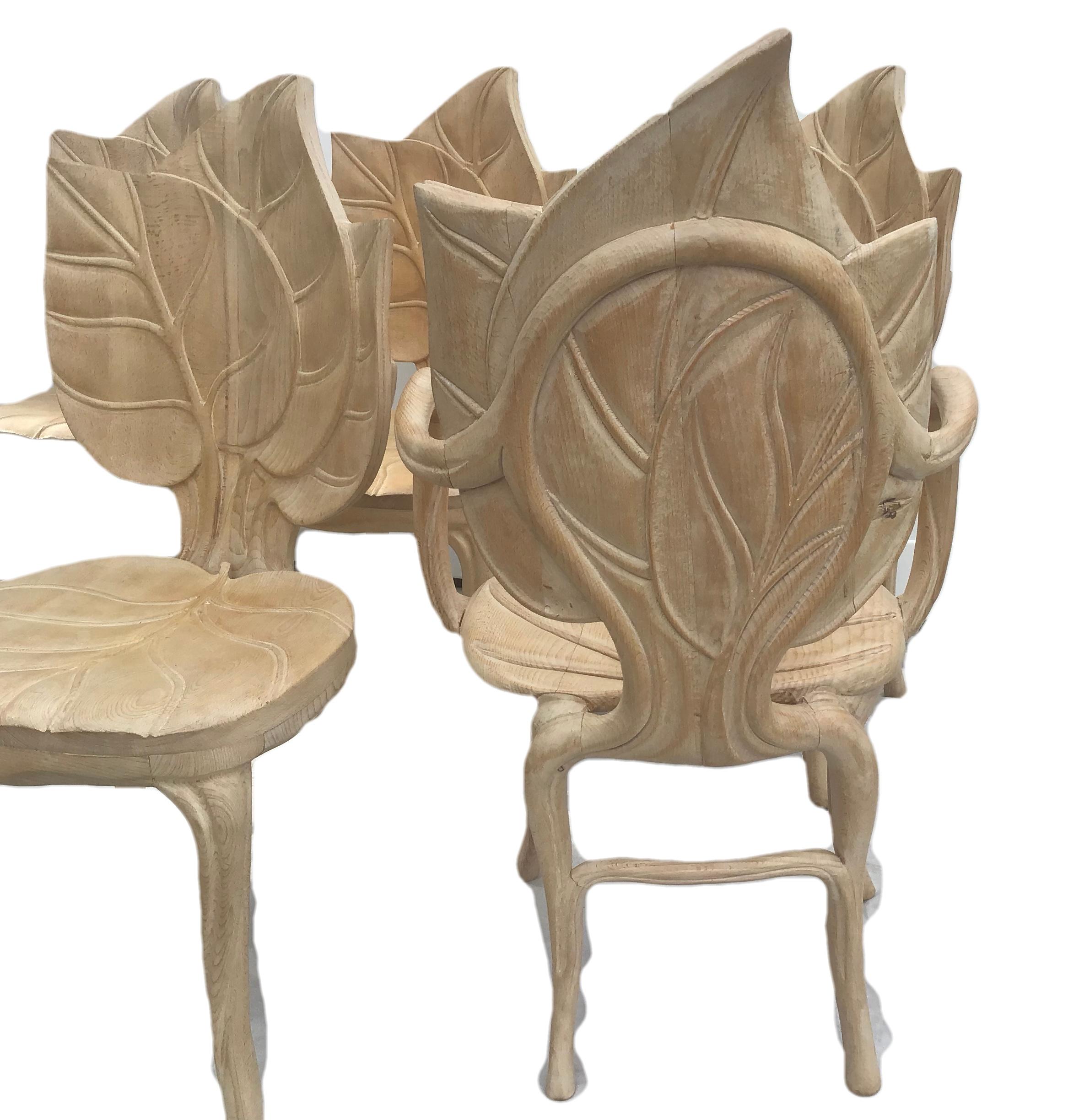 20th Century Set Of Six Bartolozzi & Maioli Carved Wooden Leaf Chairs