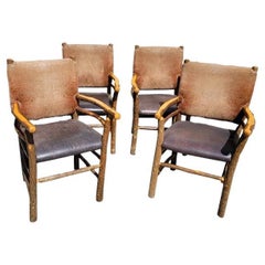 Set of Four Beautiful Old Hickory Arm Chairs with Leather Seats