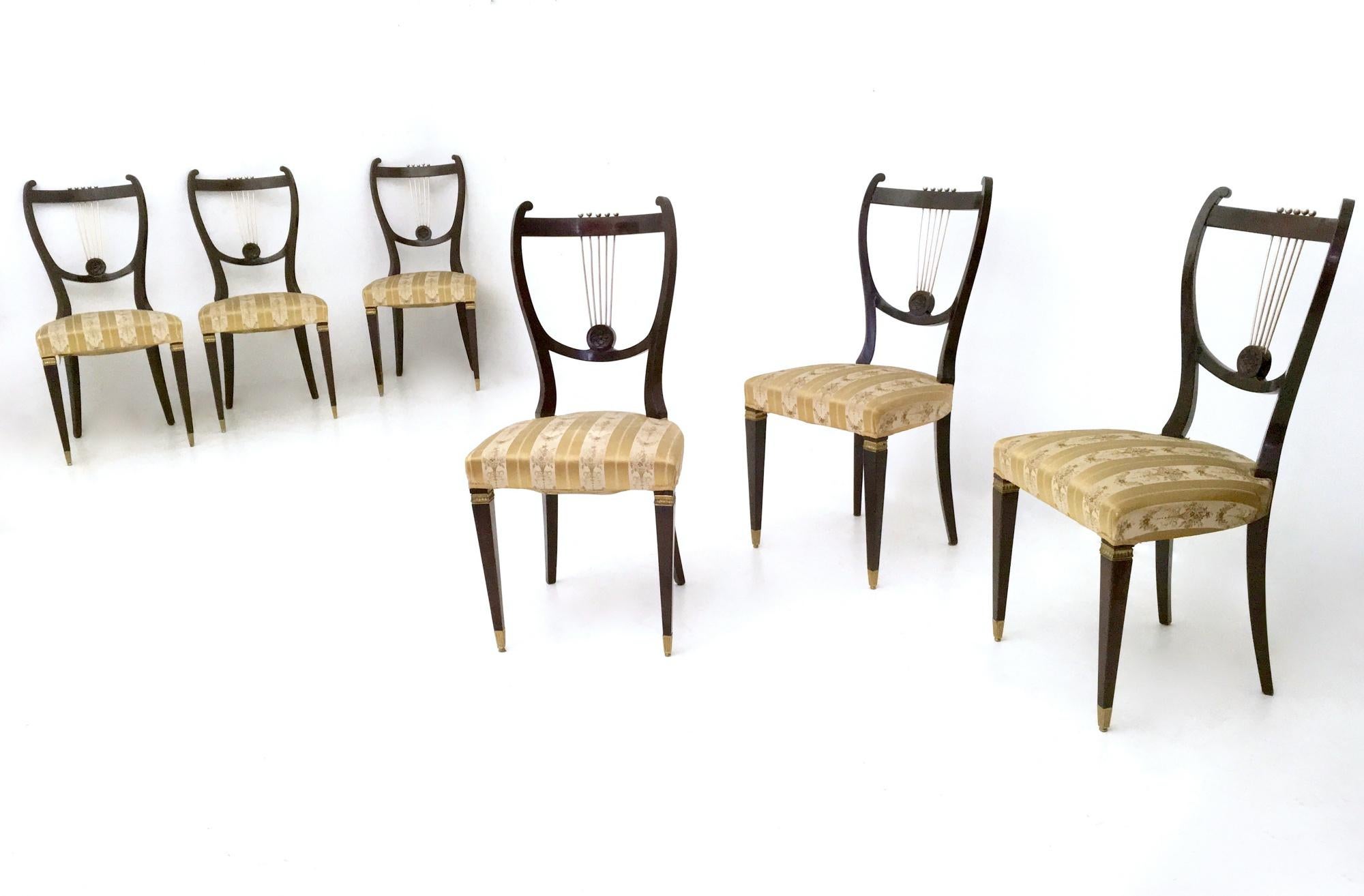 Juego de Seis Sillas de Comedor Vintage de Haya y Latón con Tela Goldenrod, Italia Moderno de mediados de siglo en venta