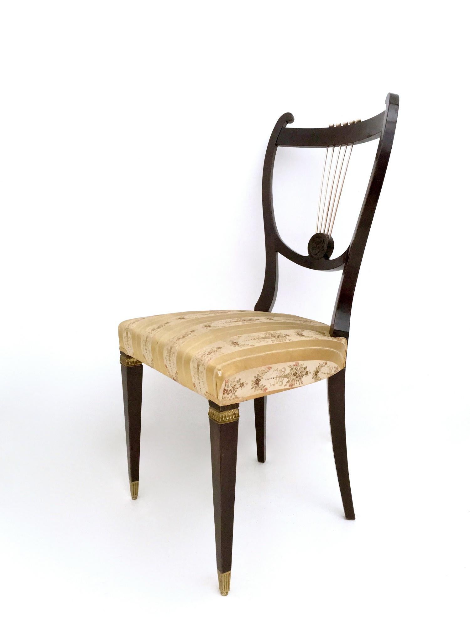 Italian Set of Six Vintage Beech and Brass Dining Chairs with Goldenrod Fabric, Italy For Sale