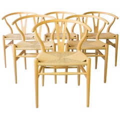 Set of Six Beech Dining Chairs, Wishbone CH24, Hans Wegner, Denmark