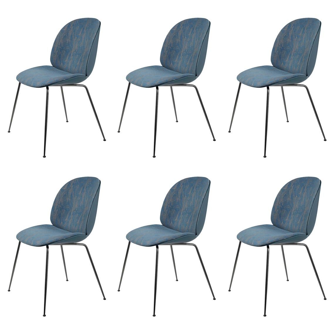 Set of Six Beetle Dining Chairs, Front Upholstered, Conic Base, Matte Black