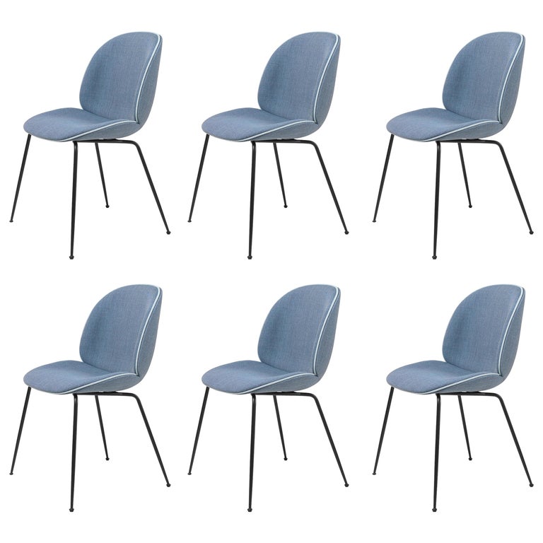 Set of Six Beetle Dining Chairs, Fully Upholstered, Conic Base, Matte Black For Sale
