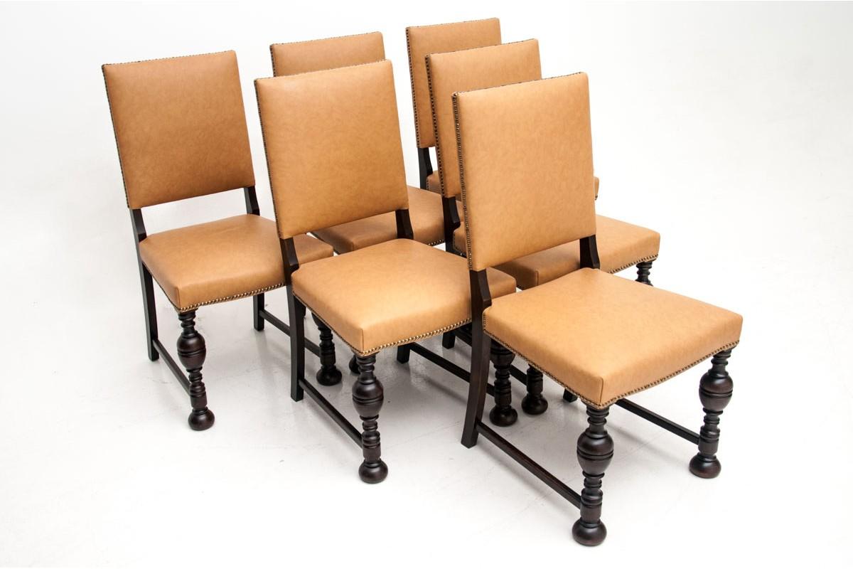 Set of Six Beige Leather Chairs, Eclectic Style, Early 20th Century 3