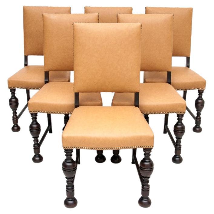 Set of Six Beige Leather Chairs, Eclectic Style, Early 20th Century