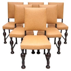 Set of Six Beige Leather Chairs, Eclectic Style, Early 20th Century