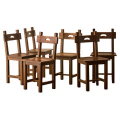 Set of Six Belgian Brutalist Style Oak Chairs