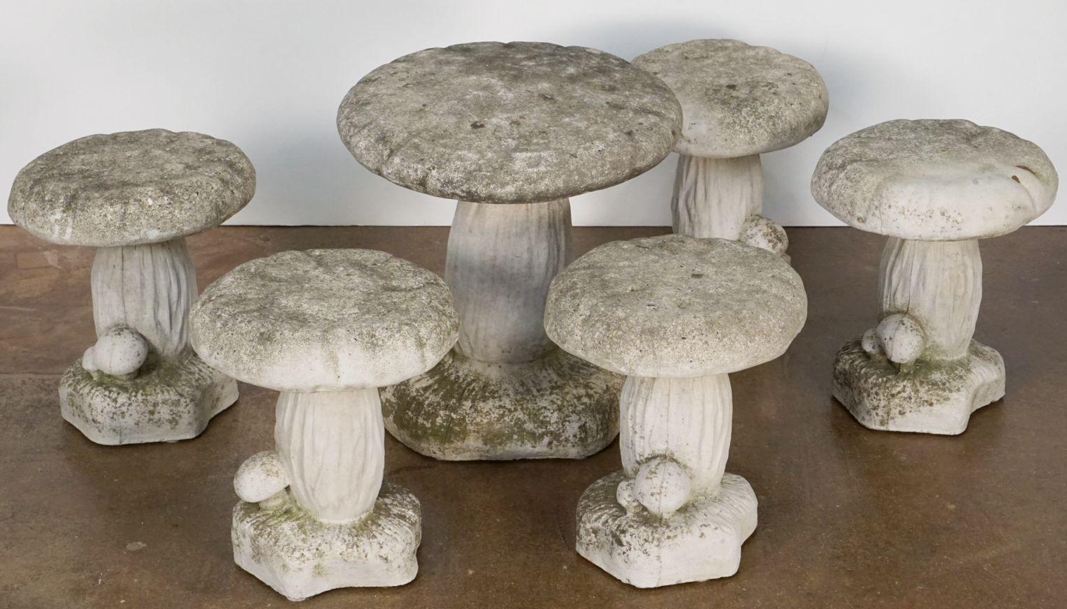 A fine set of Belgian garden mushroom (or toadstool fungi) sculptures of composition stone featuring naturalistic detail and of varying sizes.

The largest has a height of 18 inches and a top diameter of 16 inches

The other five have dimensions as