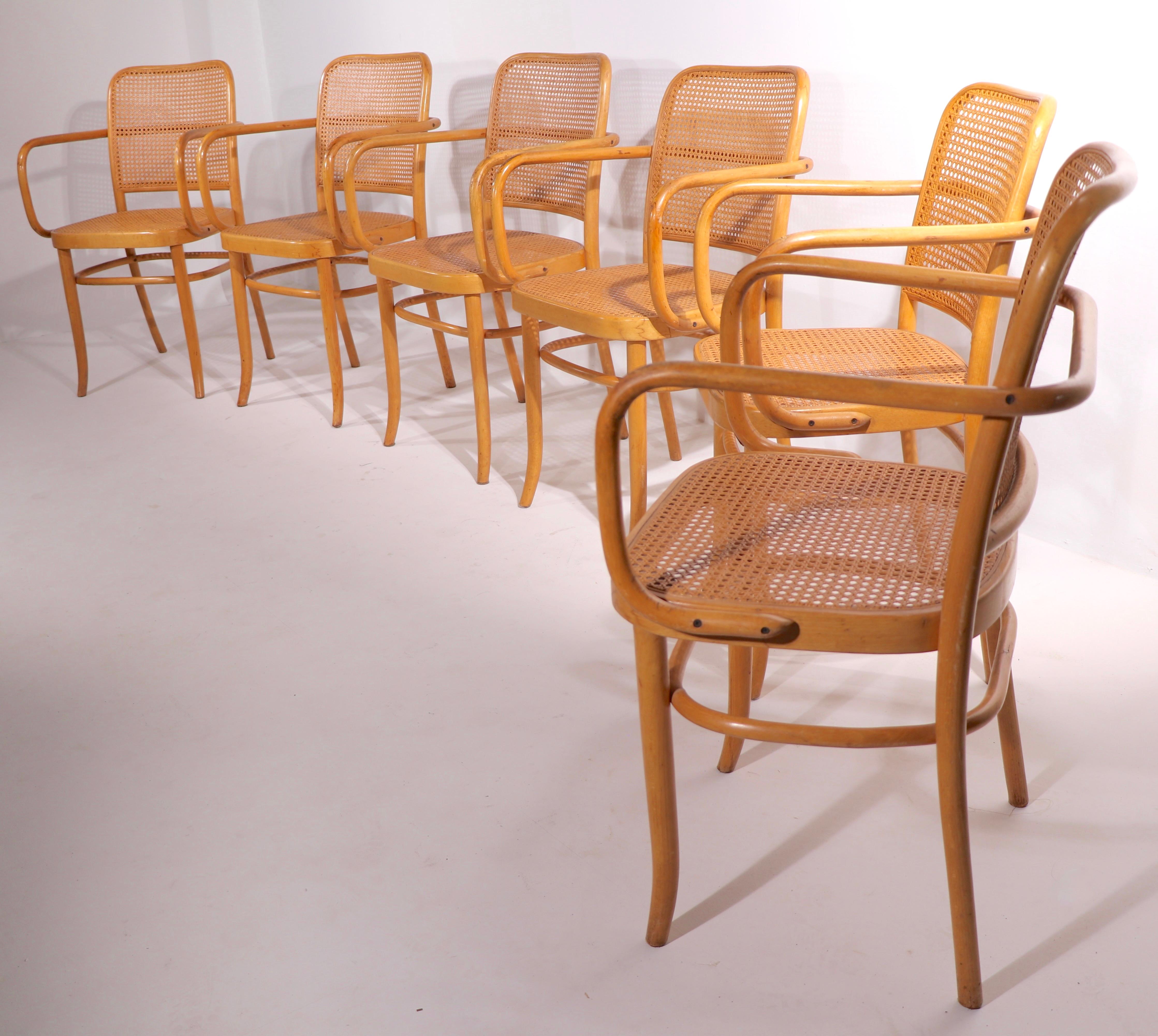 Hard to find set of six armchairs, designed by Josef Hoffman and Josef Frank made in Czechoslovakia, produced by Stendig. This set in is very good, original condition showing only expected cosmetic wear etc. The canning is undamaged, the chairs are