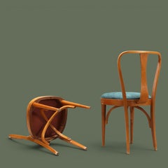 Set of Six Bentwood Dining Chairs, Beech and Teal Fabric, Italy, 1950s