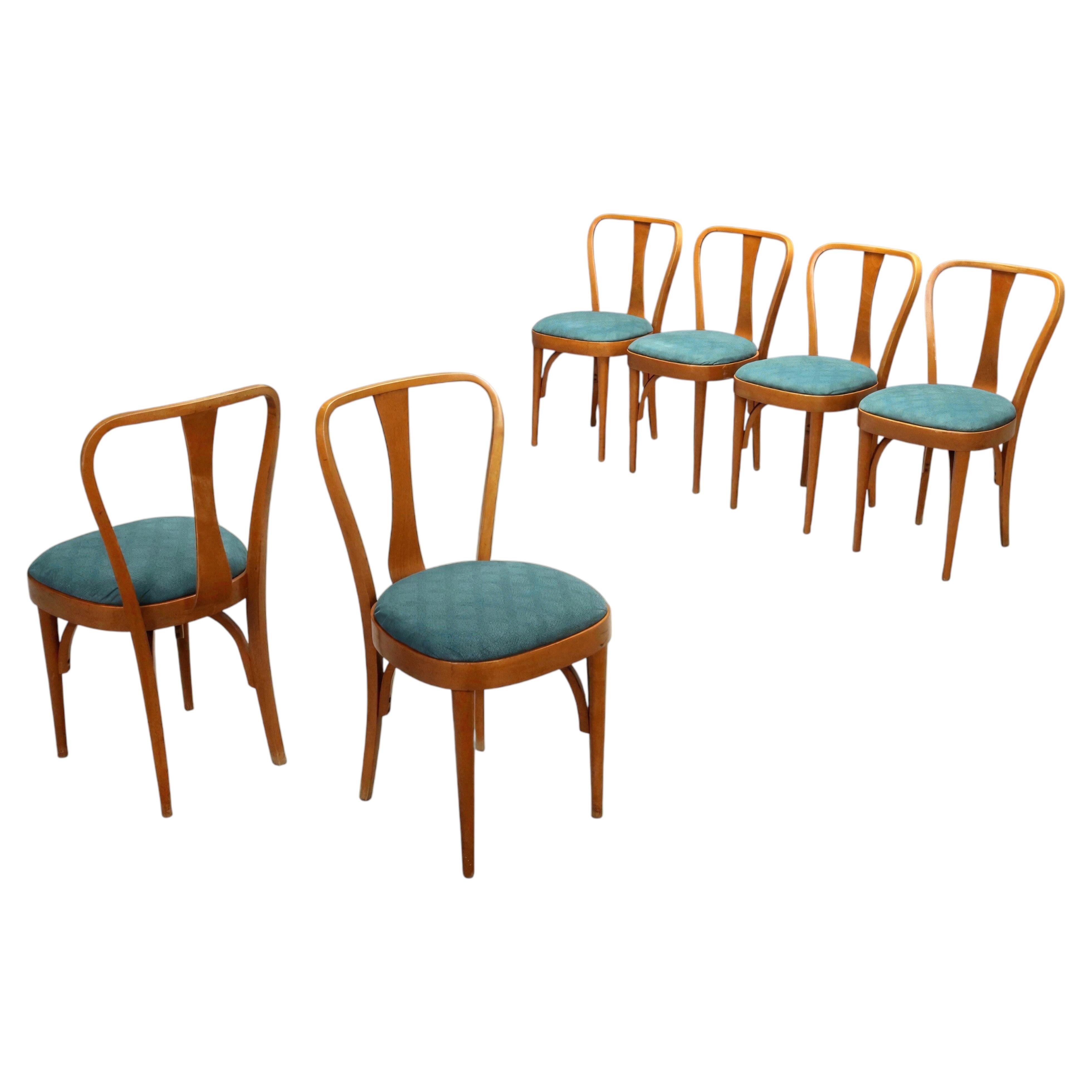 Set of Six Bentwood Dining Chairs, Beech and Teal Fabric, Italy, 1950s For Sale