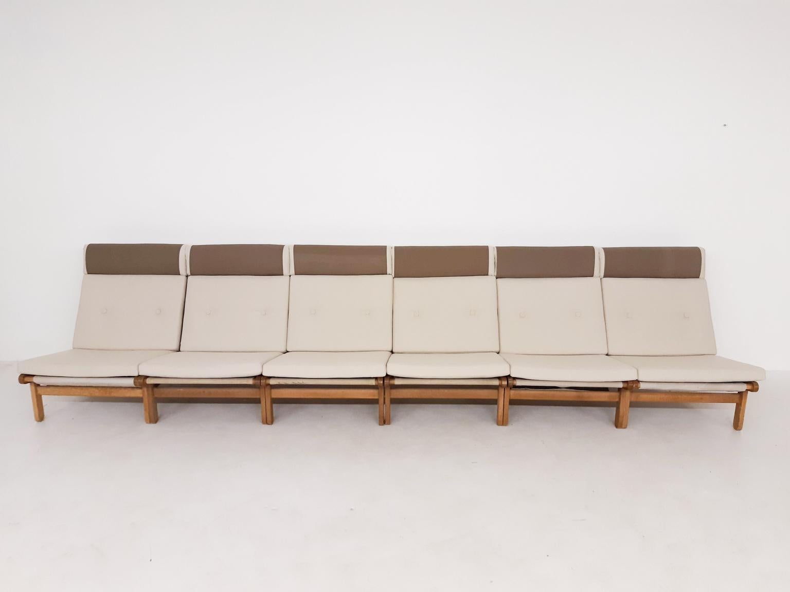 Scandinavian Modern Set of Six Bernt Petersen Oak Lounge Chairs with Outdoor Fabric, Denmark, 1965