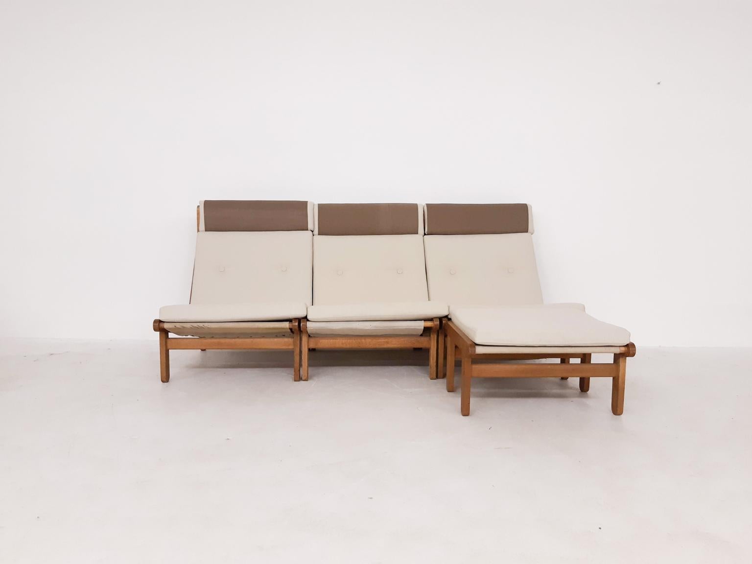 Danish Set of Six Bernt Petersen Oak Lounge Chairs with Outdoor Fabric, Denmark, 1965