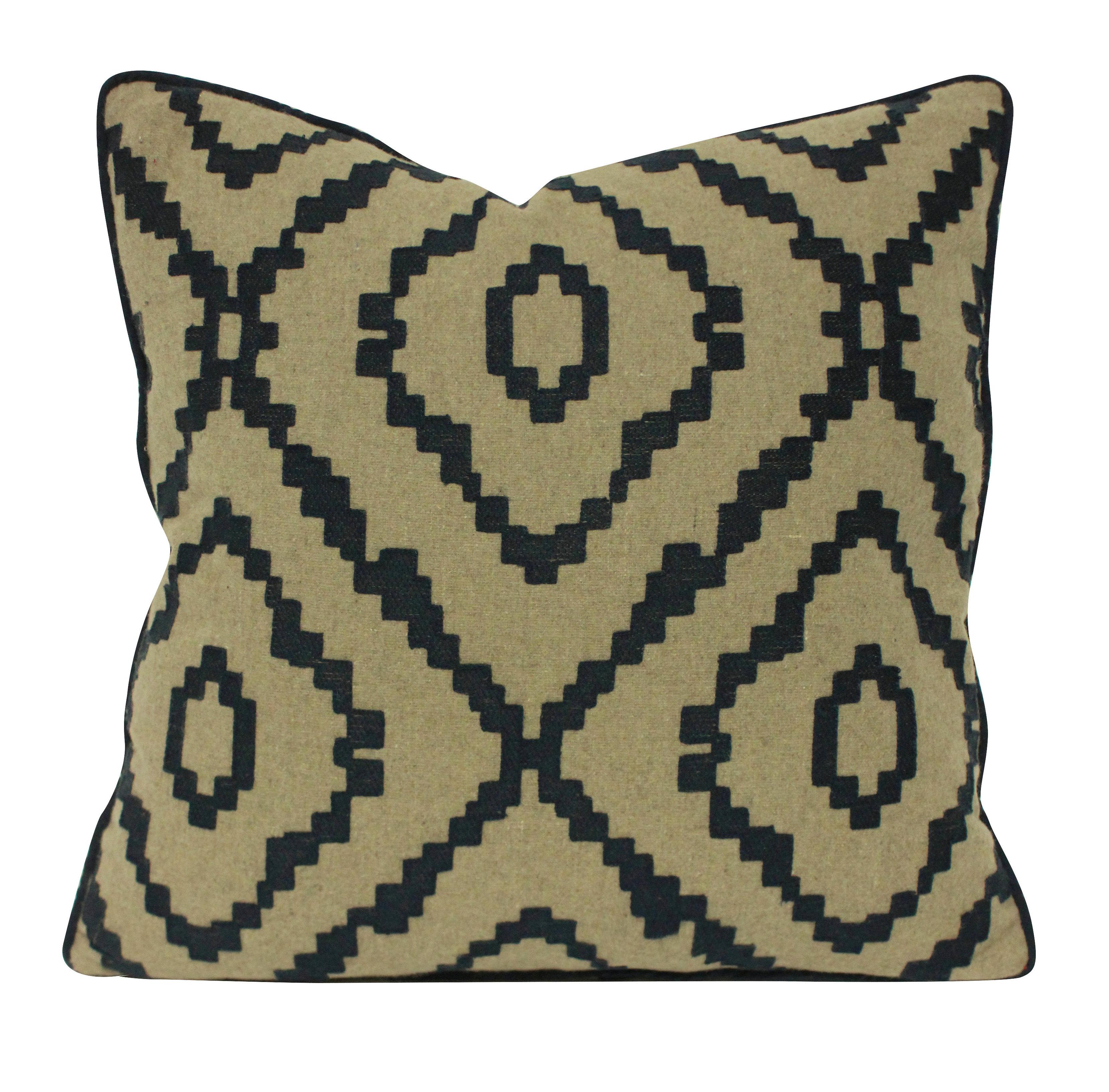 A set of six bespoke cushions in a discontinued Romo fabric in tobacco colored wool with a dark blue appliqué geometric design. With feather pads.