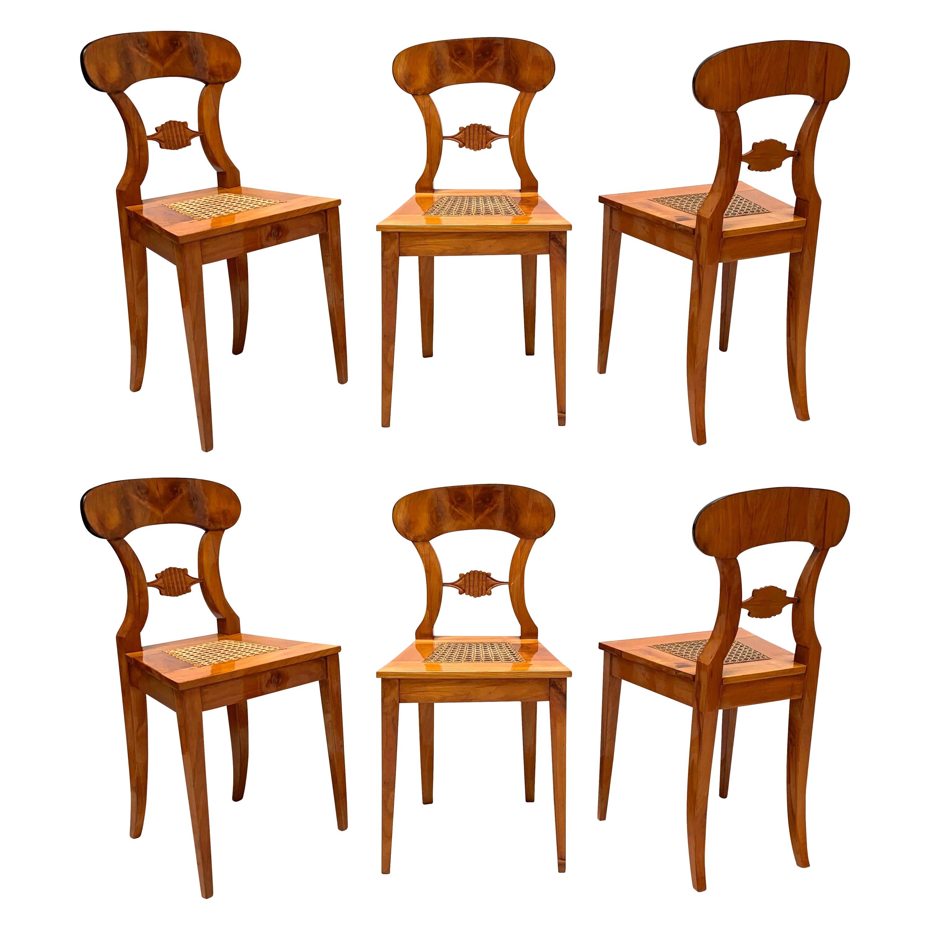 Set of Six Biedermeier Board Chairs, Cherry Wood and Mesh, Vienna, circa 1830 For Sale