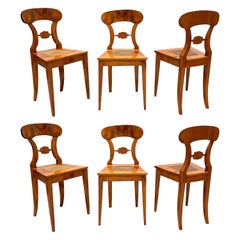 Set of Six Biedermeier Board Chairs, Cherry Wood and Mesh, Vienna, circa 1830