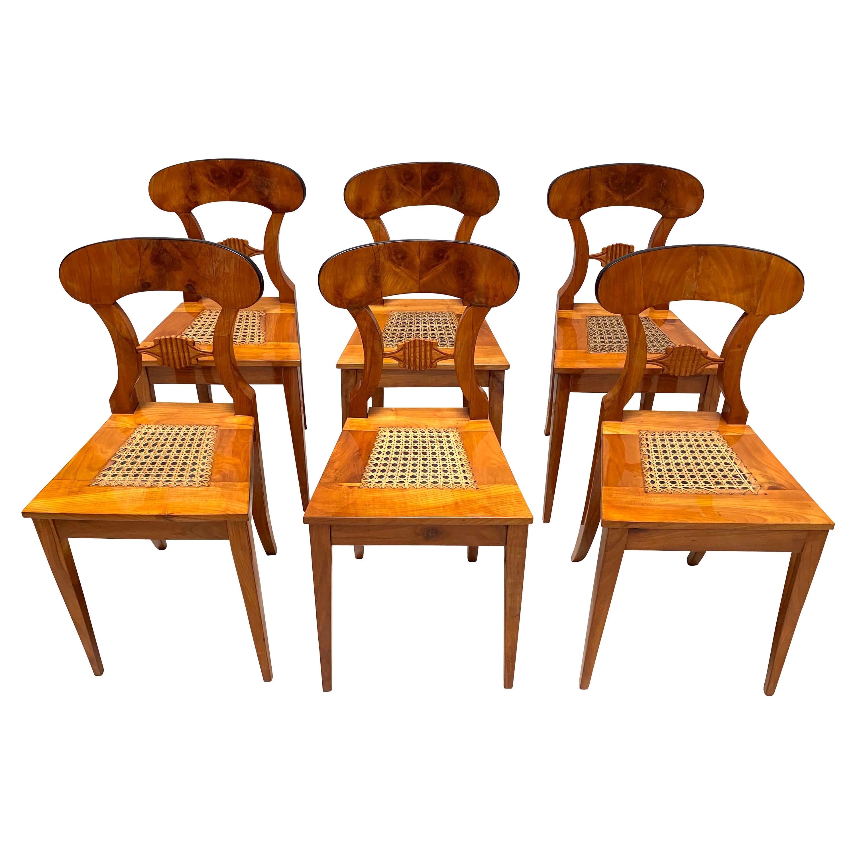 Beautiful Set of six Biedermeier board chairs from Vienna, Austria, circa 1830.

Wonderful bright cherry veneer (shovel) and solid wood (frame and legs). 
Book-matched cherry veneer on the shovels. 
Long and slightly curved, conical square-tapered