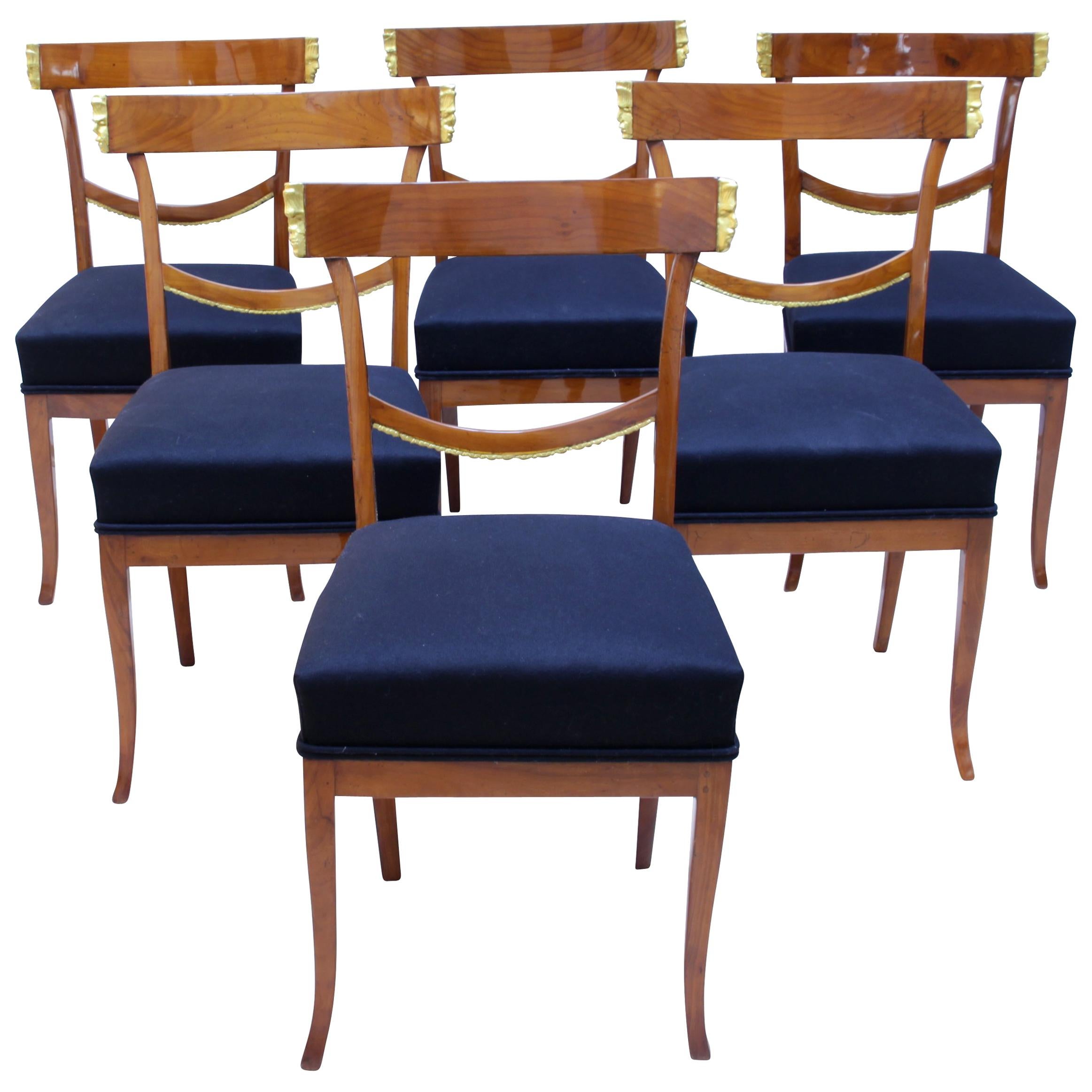 Set of Six Biedermeier Chairs, Cherry, Gold-Plated, South Germany circa 1820