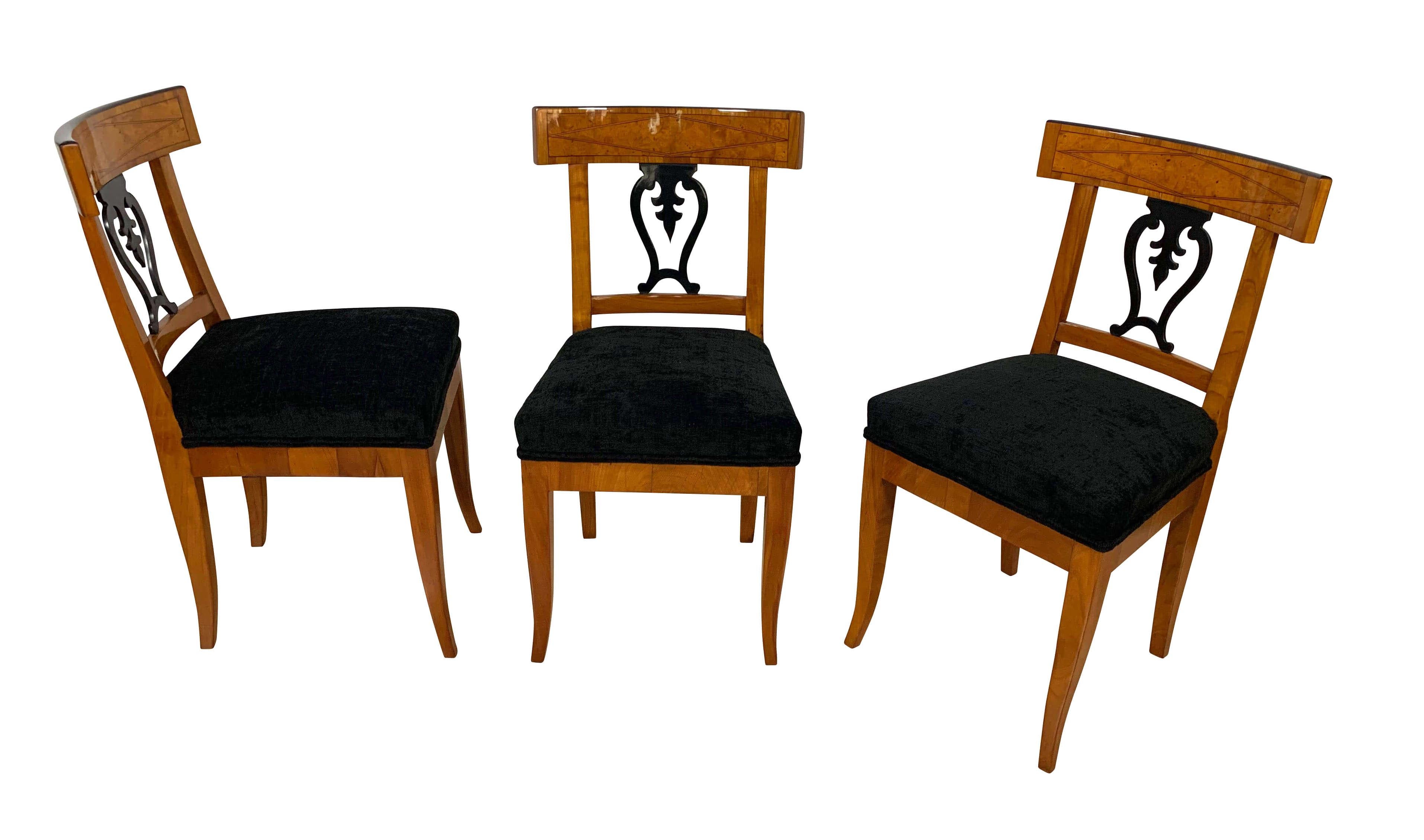 Ebonized Set of Six Biedermeier Chairs, Cherry Veneer and Ash Roots, Germany, circa 1820