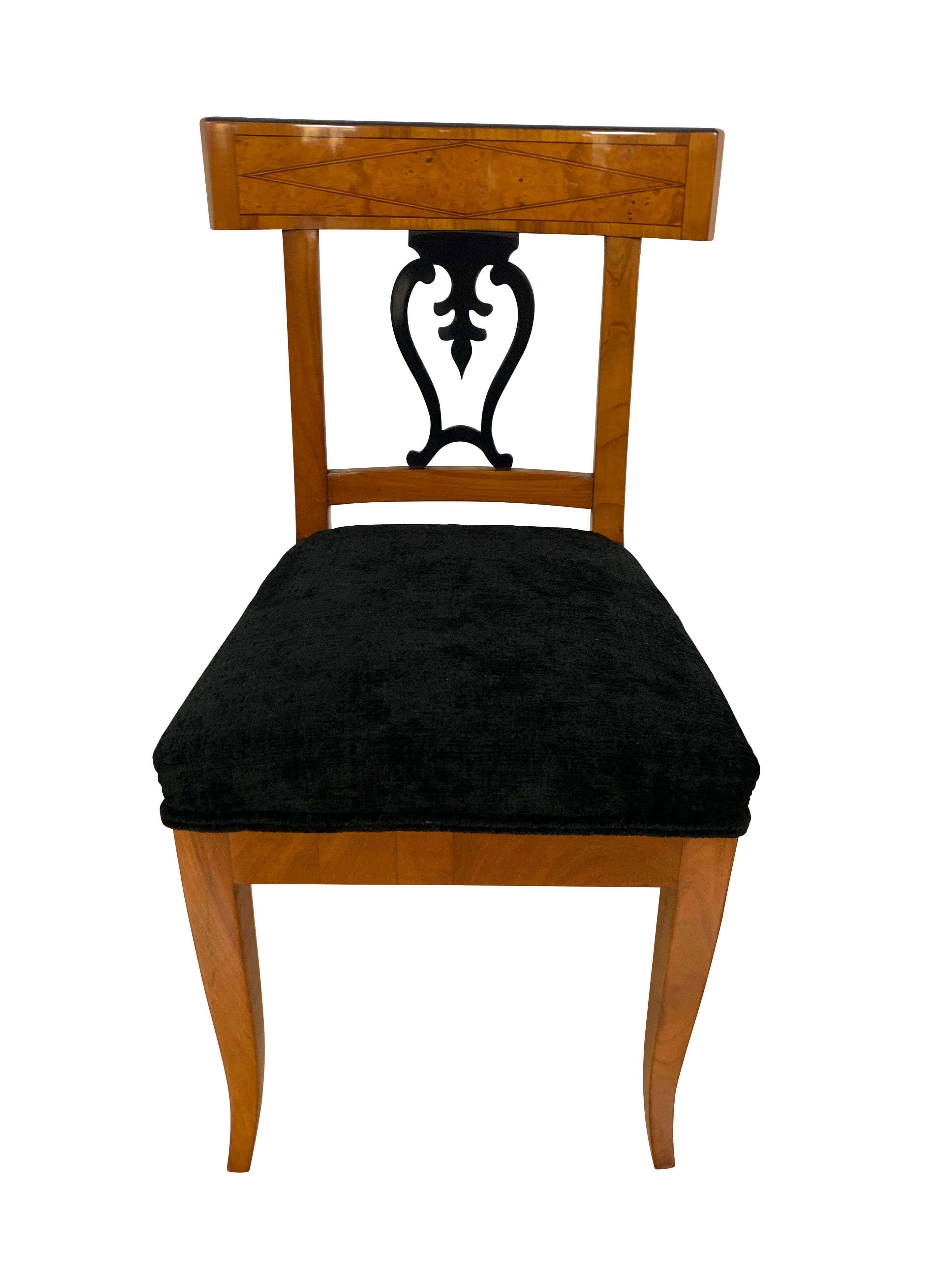 Fabric Set of Six Biedermeier Chairs, Cherry Veneer and Ash Roots, Germany, circa 1820