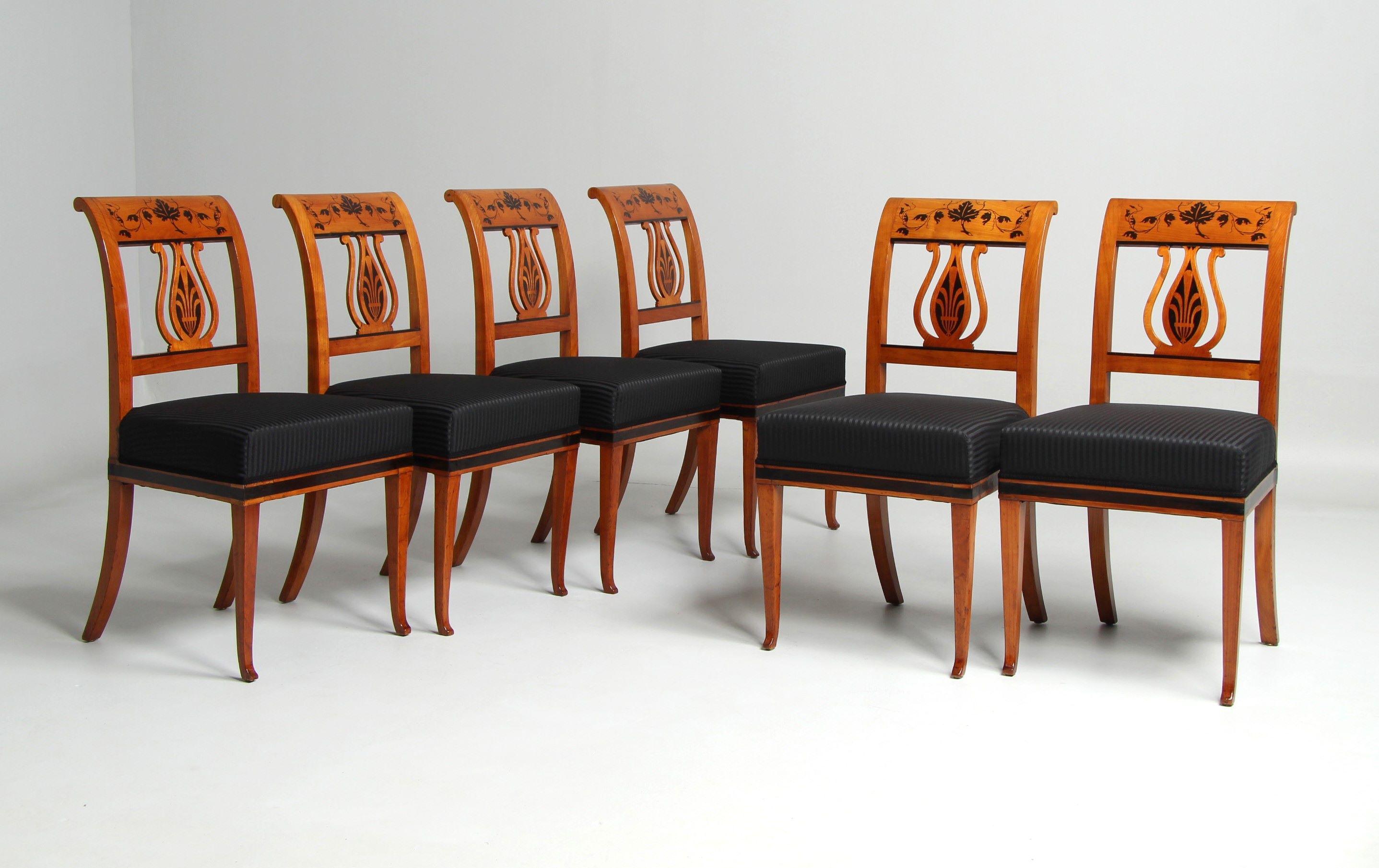 Early 19th Century Set of Six Biedermeier Chairs with Inlays, Cherry, Germany, circa 1830 For Sale