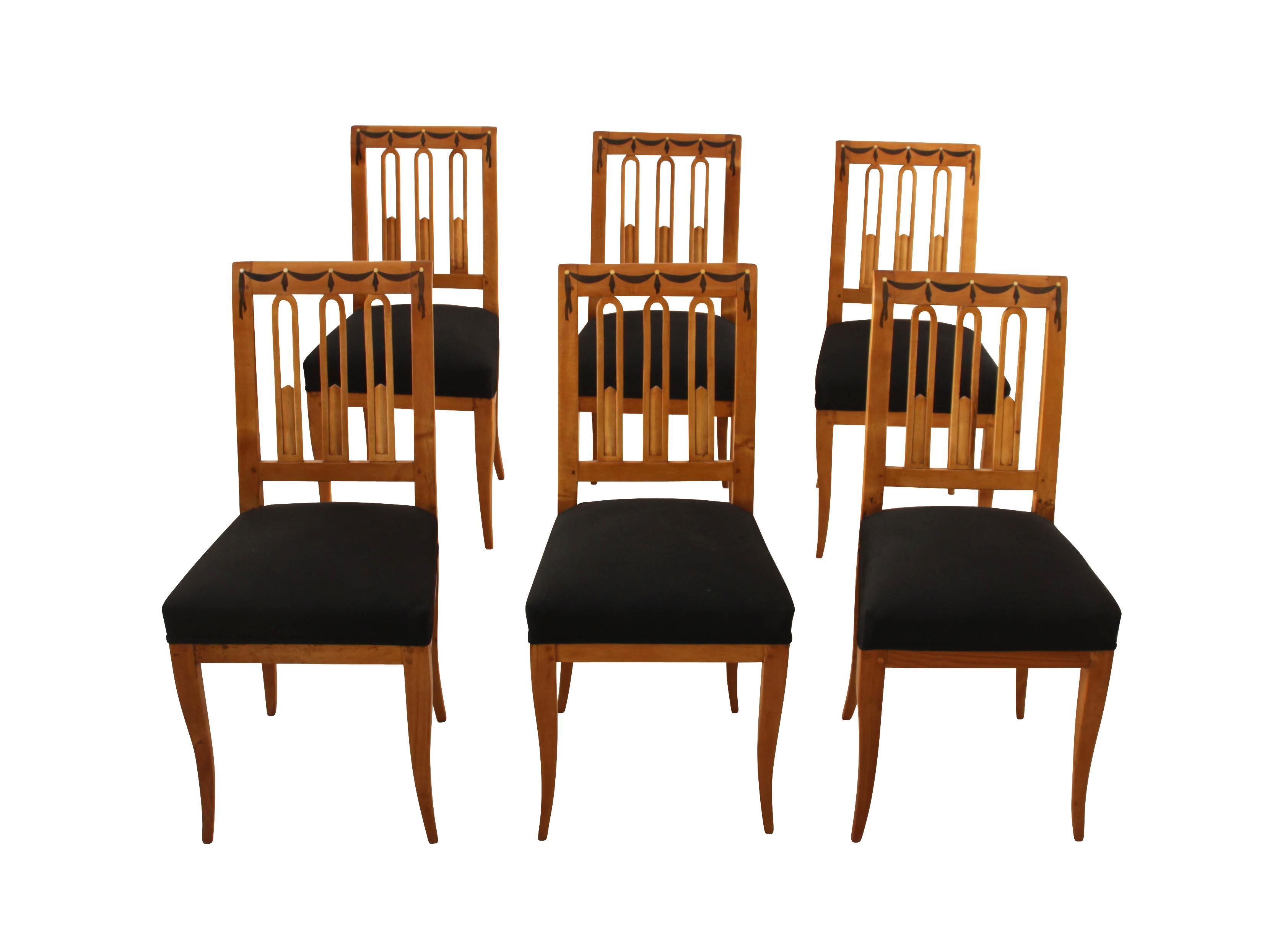 19th Century Set of Six Biedermeier Dining Chairs, Garland Inlays, South Germany, circa 1820