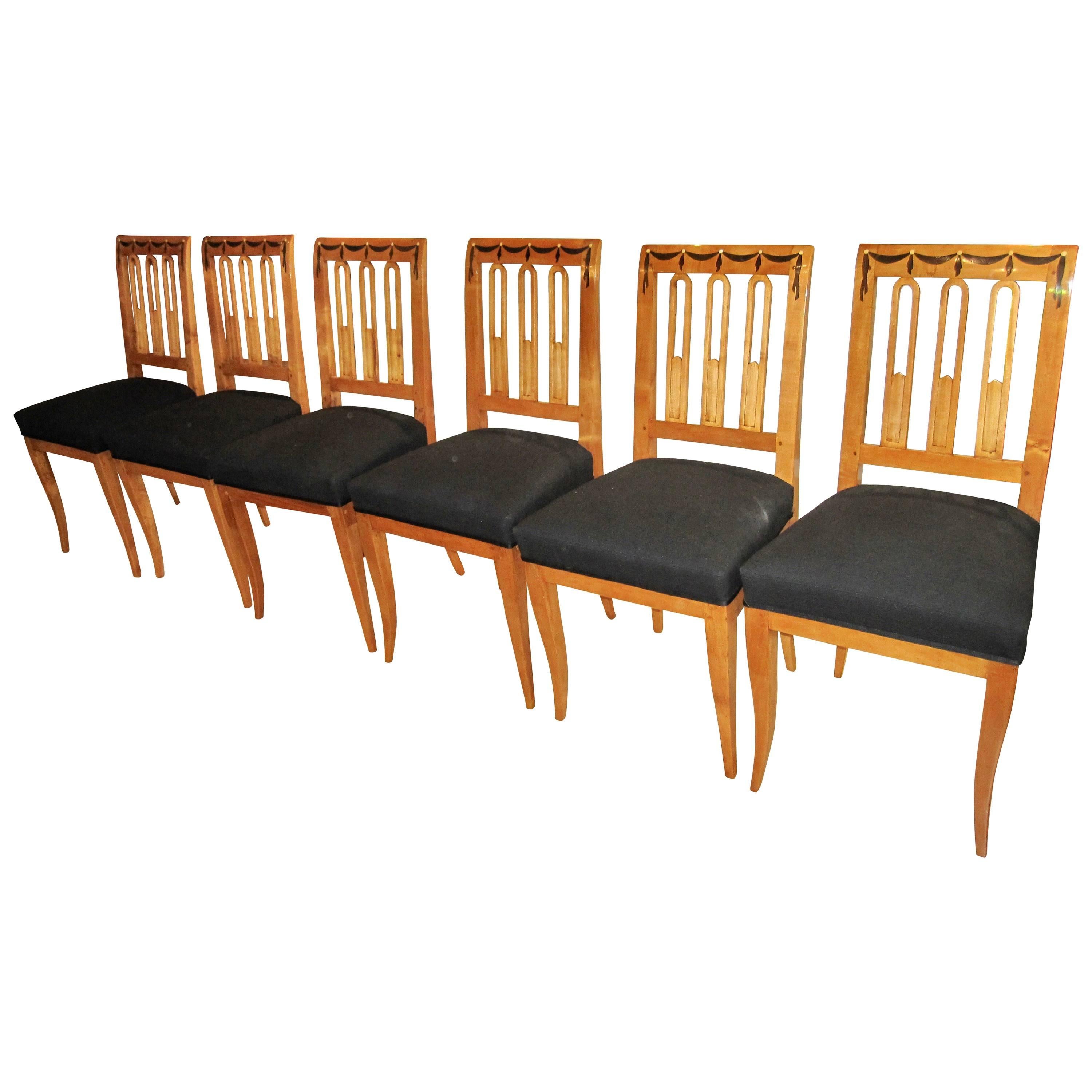 Fabric Set of Six Biedermeier Dining Chairs, Garland Inlays, South Germany, circa 1820