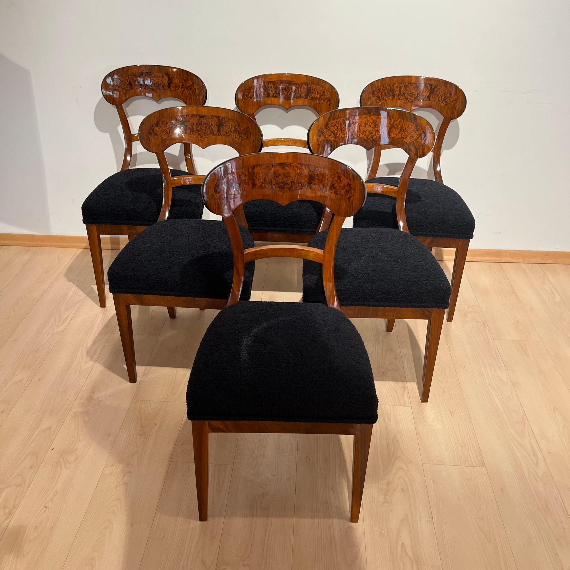 19th Century Set of Six Biedermeier Shovel Chairs, Walnut, Roots Veneer, South Germany, 1840s For Sale
