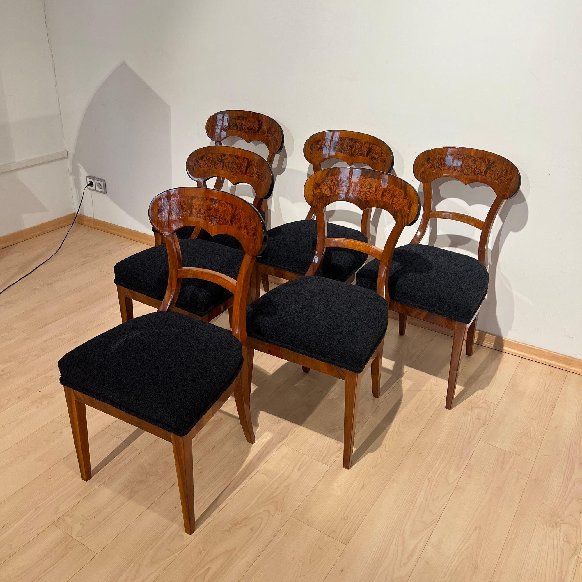 Fabric Set of Six Biedermeier Shovel Chairs, Walnut, Roots Veneer, South Germany, 1840s For Sale