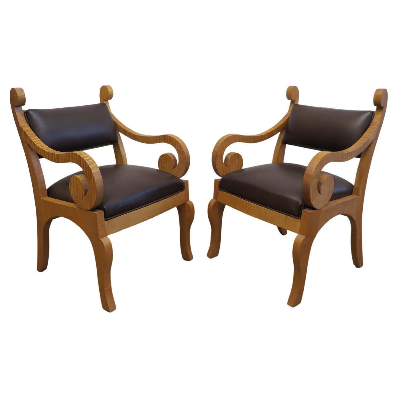 Custom made Tiger Maple Biedermeier inspired dining chairs. Beautifully crafted of solid Tiger Maple wood with a touch of whimsical Biedermeier style show casing the the magnificent qualities of the wood. Elmo Grand leather adding a plush seat and