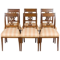 Set of Six Biedermeier Style Oak and Brass Dining Room Kitchen Chairs