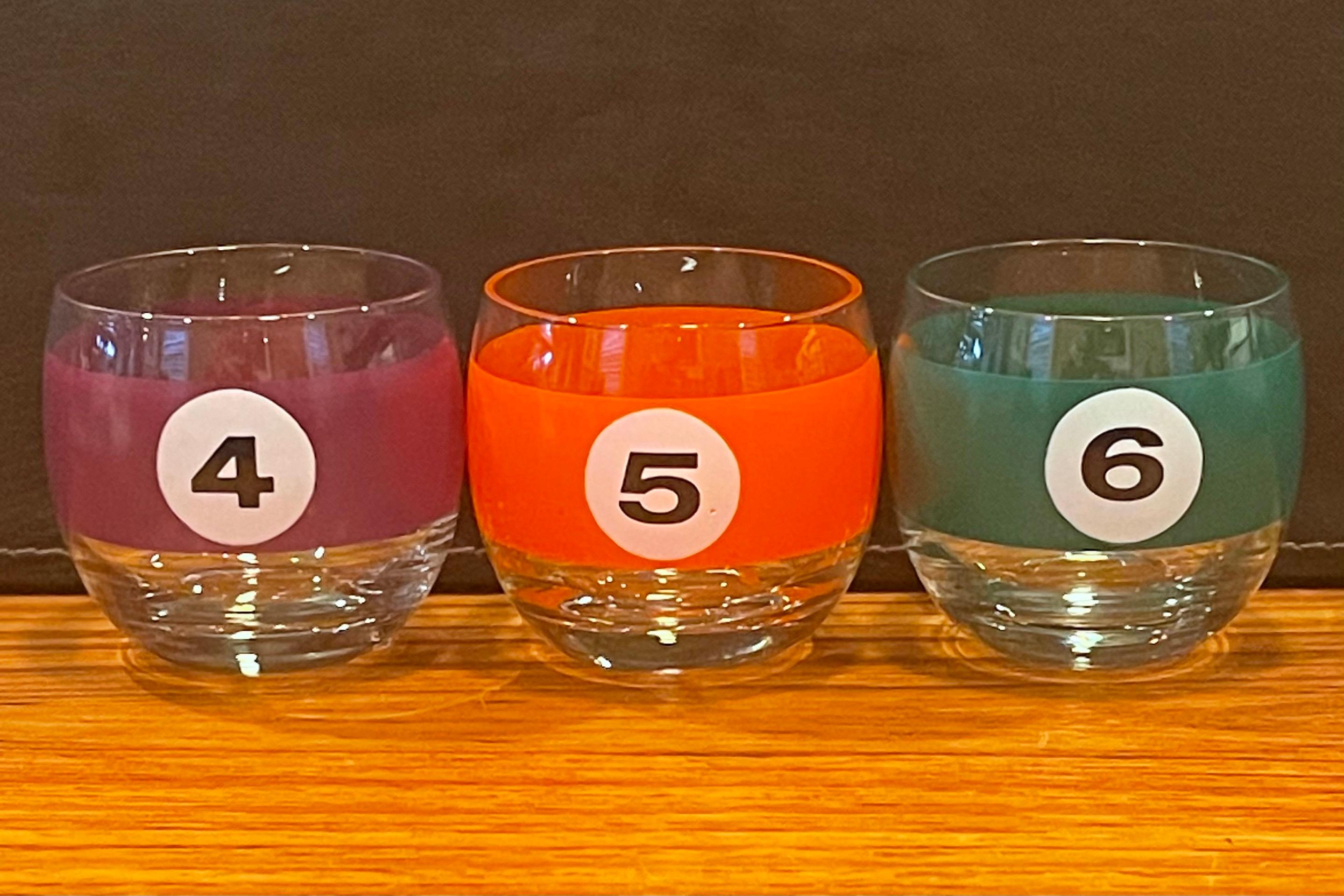Mid-Century Modern Set of Six Billiard / Pool Balls Roly Poly Cocktail Glasses by Cera