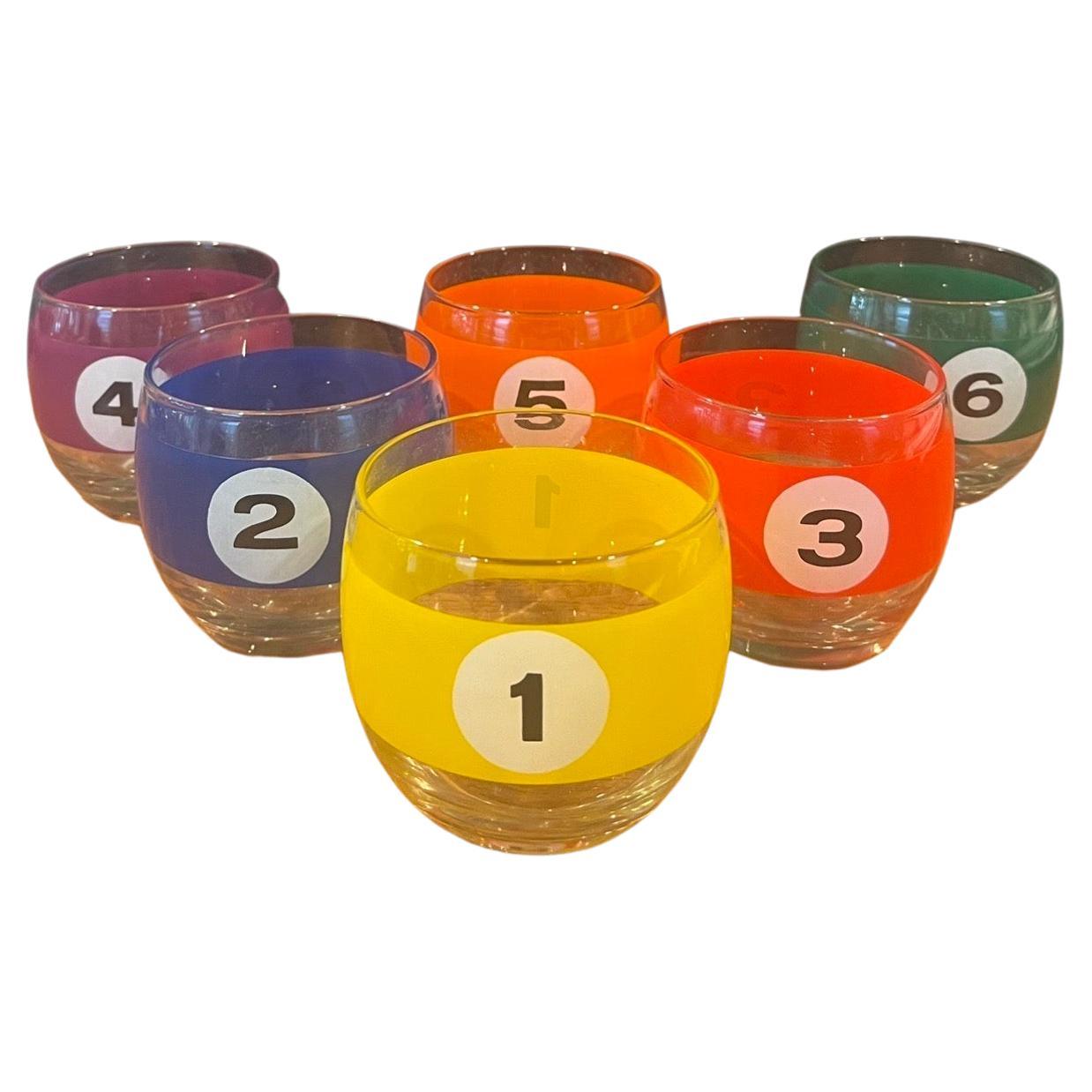 Set of Six Billiard / POOL Balls Roly Poly Cocktail Glasses with Box by Cera For Sale