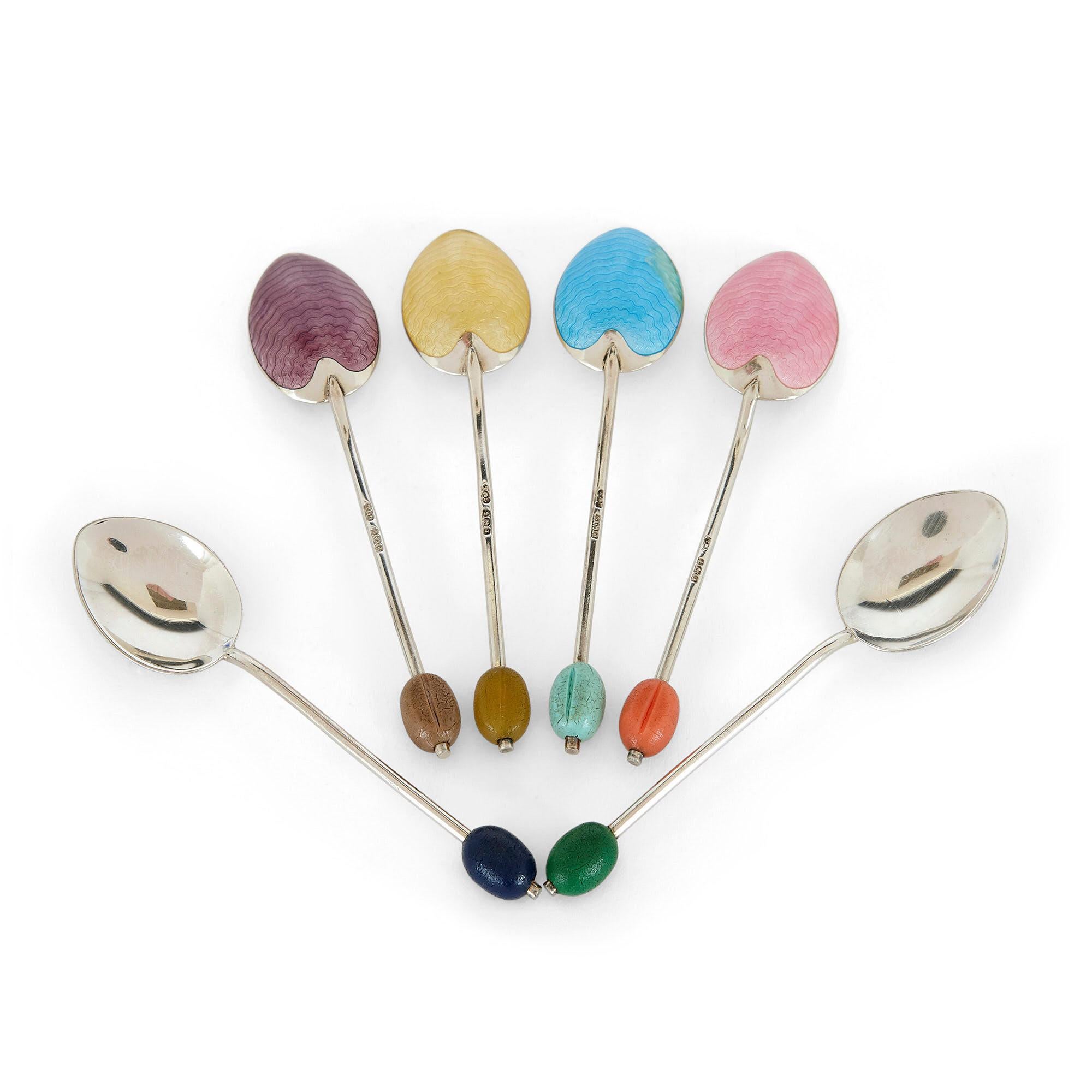 Set of six Birmingham coloured enamel and silver spoons
English, 1933
Spoon: Length 10cm, width 3cm
Case: Height 2cm, width 16cm, depth 13cm

This beautiful set of spoons is by the English silversmiths Turner and Simpson. The silver spoons