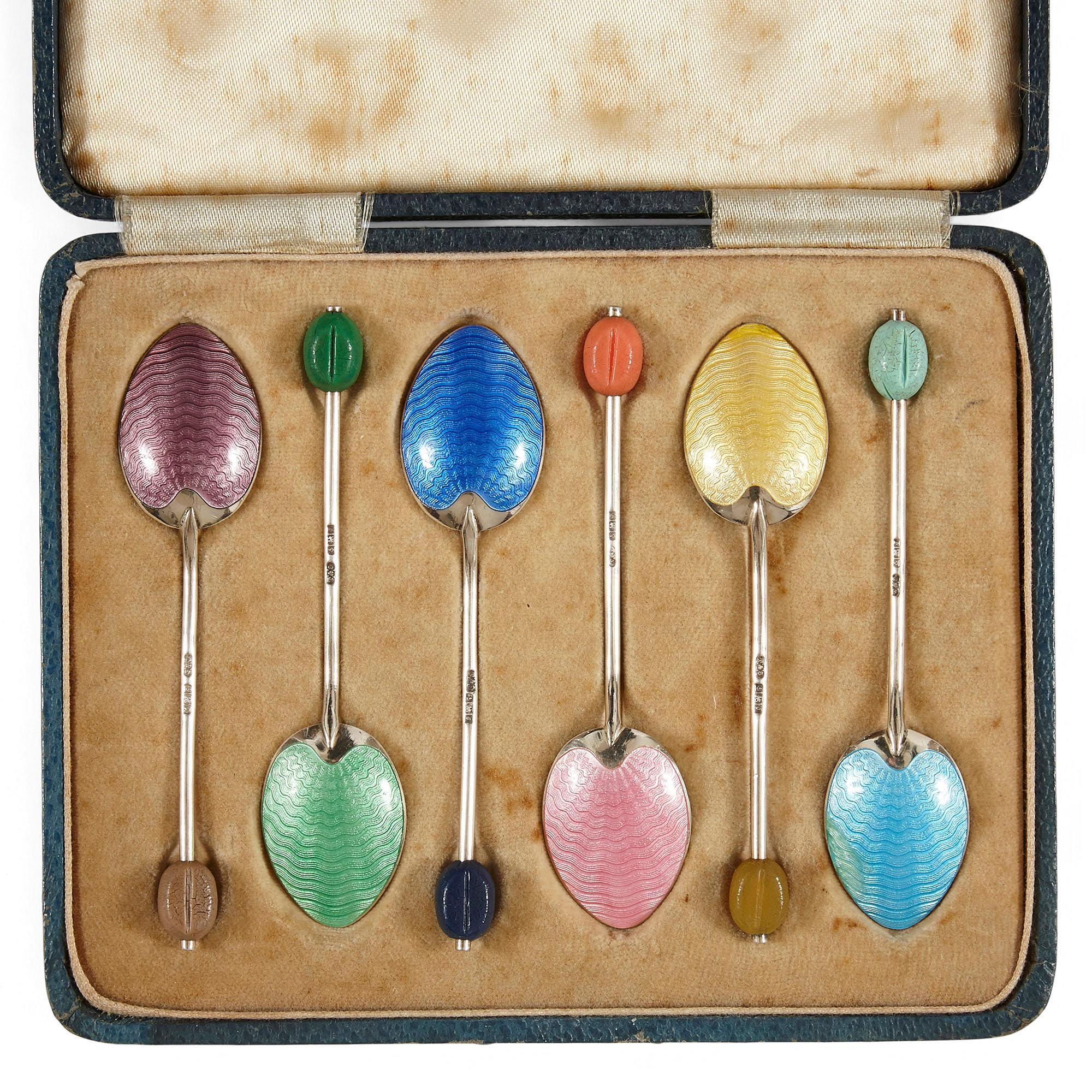 English Set of Six Birmingham Coloured Enamel and Silver Spoons For Sale