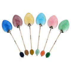 Vintage Set of Six Birmingham Coloured Enamel and Silver Spoons