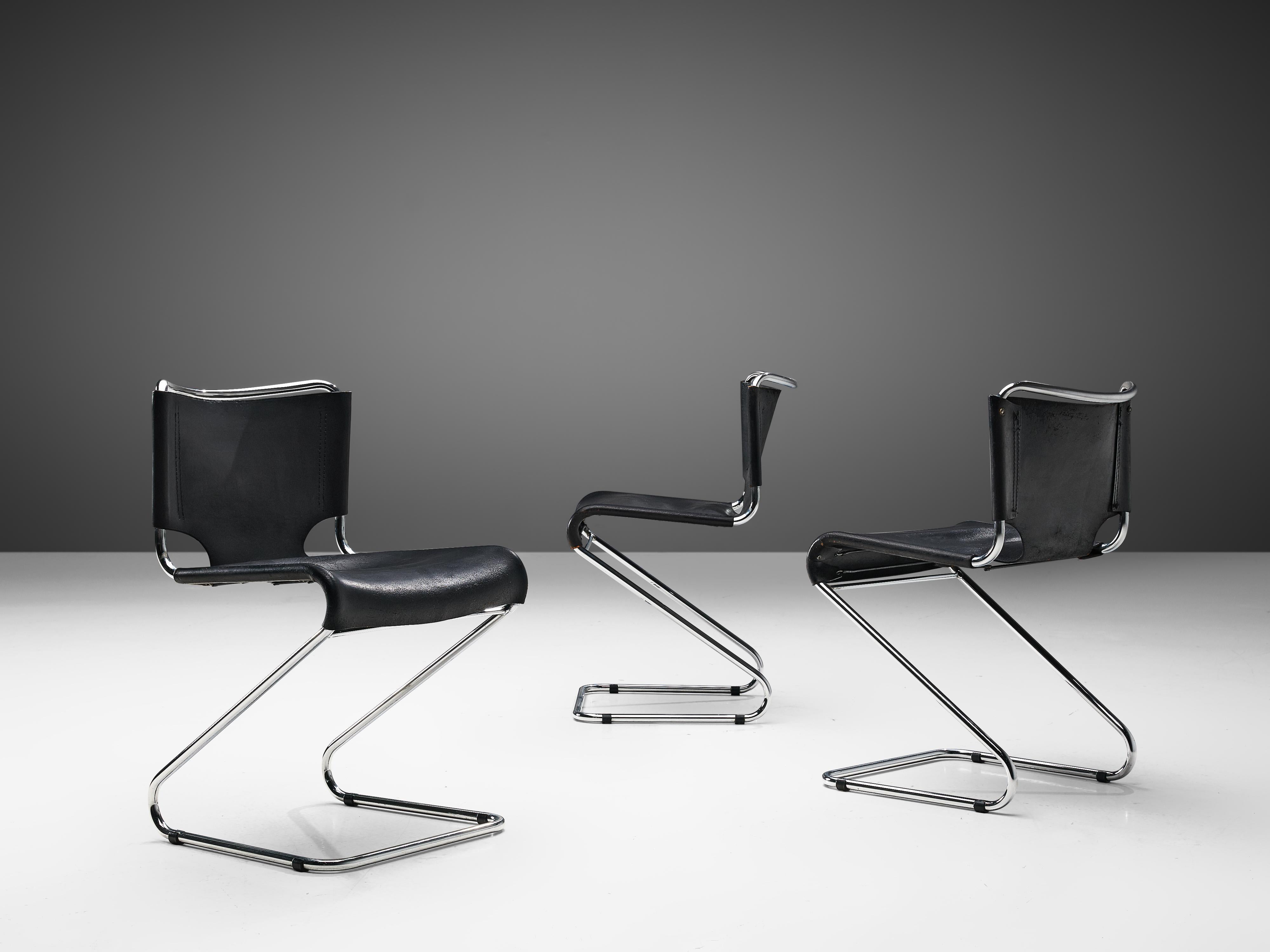 Mid-20th Century Set of Six 'Biscia' Chairs in Black Leather by Pascal Mourgue