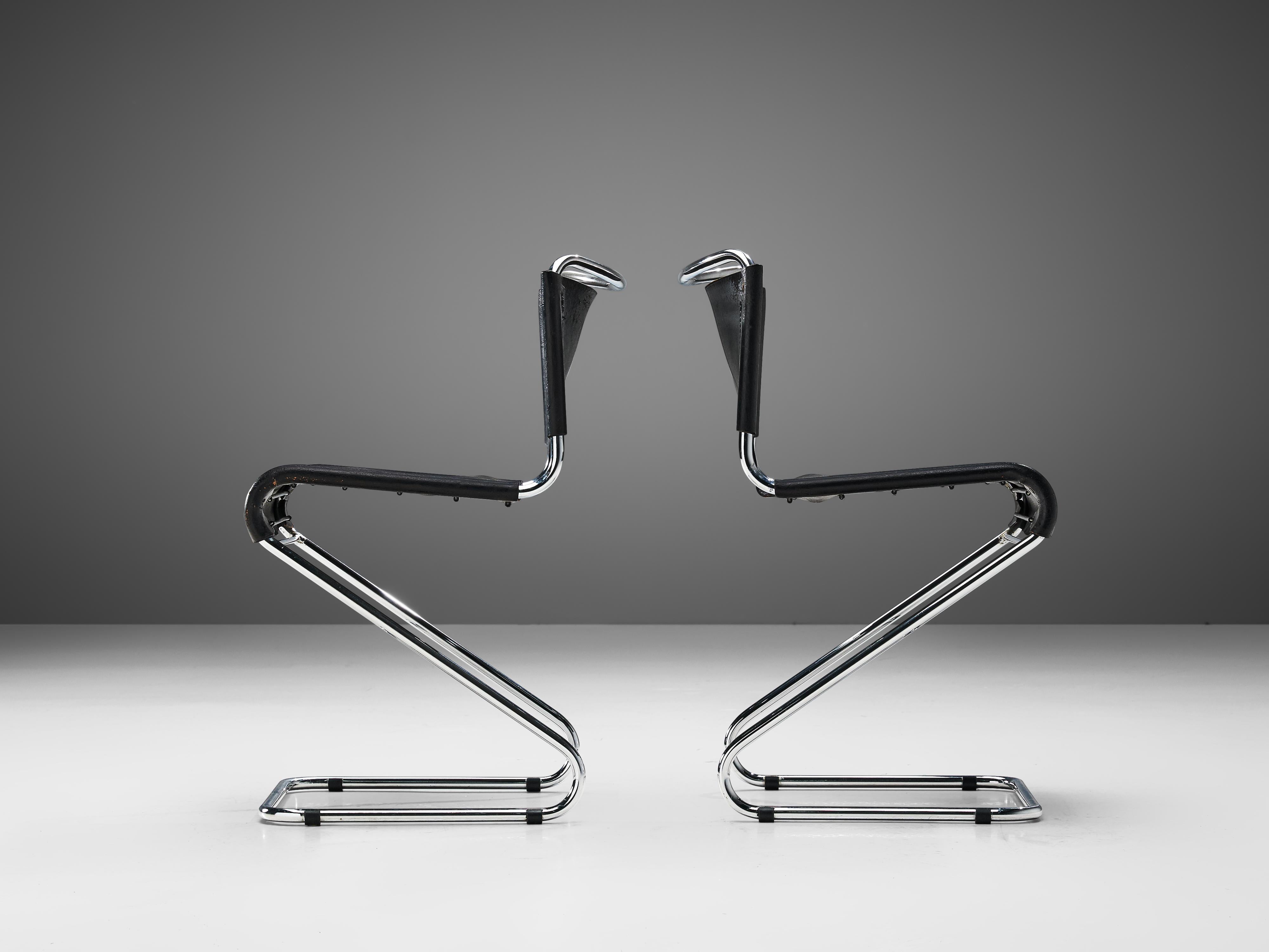 Steel Set of Six 'Biscia' Chairs in Black Leather by Pascal Mourgue
