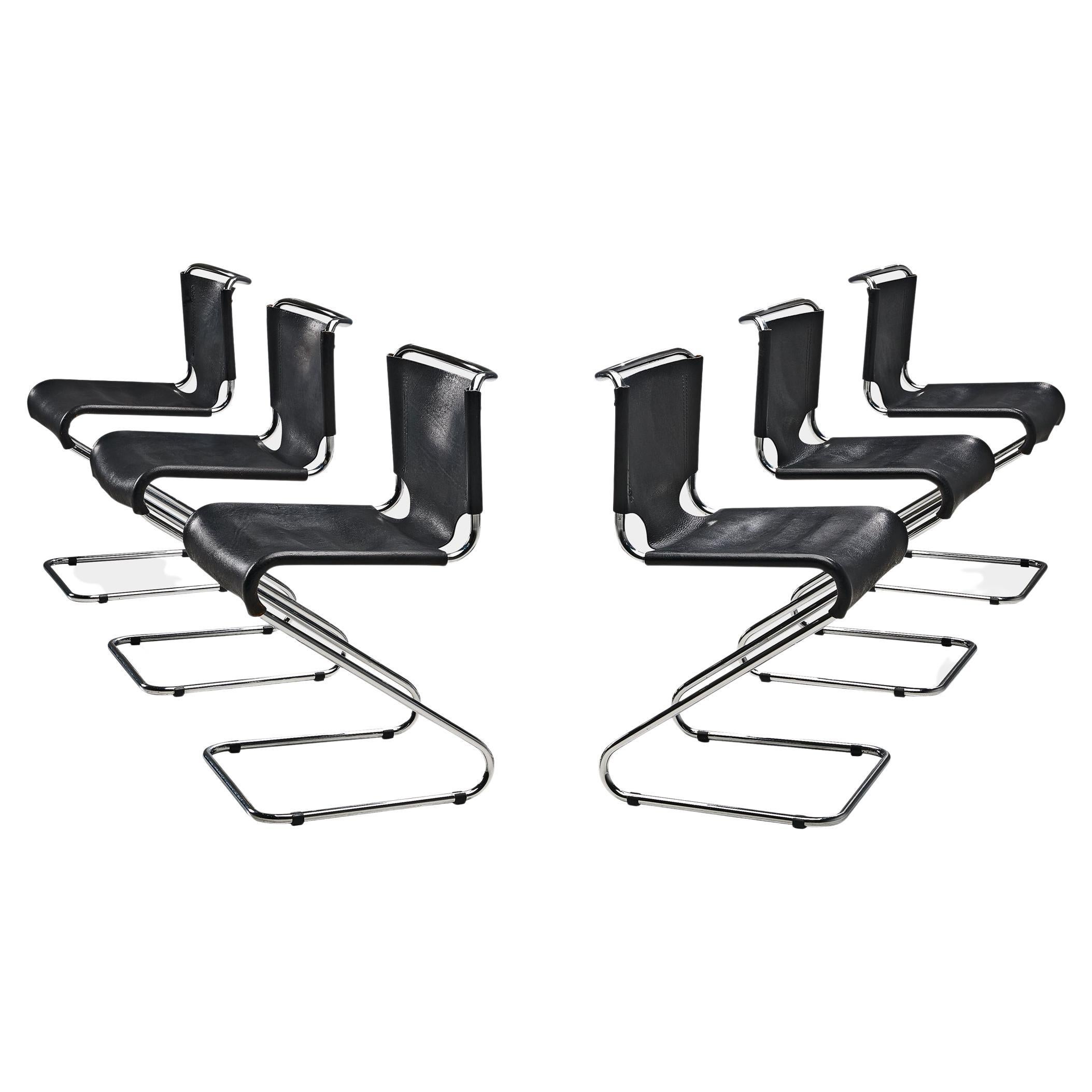 Set of Six 'Biscia' Chairs in Black Leather by Pascal Mourgue  en vente