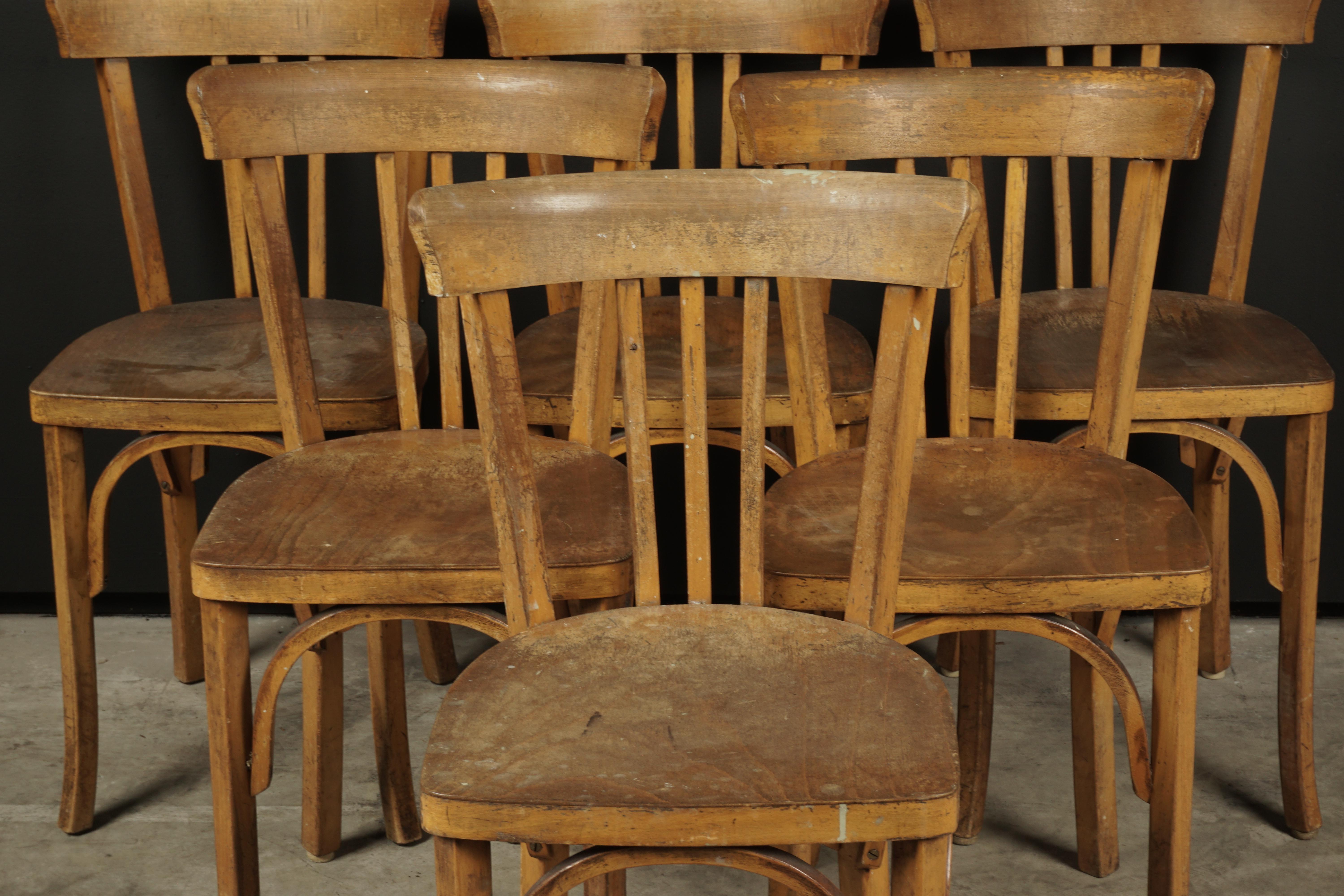 Vintage set of six bistro chairs from France, circa 1960. High quality design with molded birch construction.