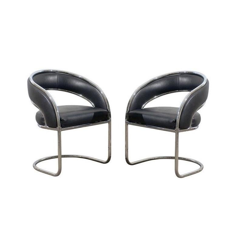 Featured here is an amazing set of cantilevered chrome dining chairs armchairs by Contemporary Shells Inc. Contemporary Shell Inc. was based in Hempstead NY and produced works for many designers including Arthur Umanoff. Stylish and sculptural