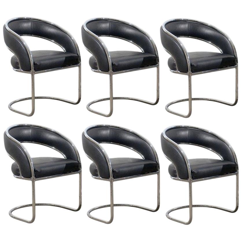 Set of Six Black and Chrome Cantilever Dining Armchairs For Sale