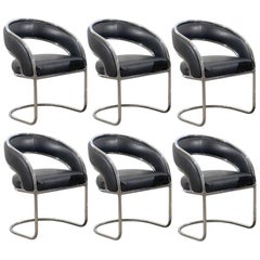 Set of Six Black and Chrome Cantilever Dining Armchairs